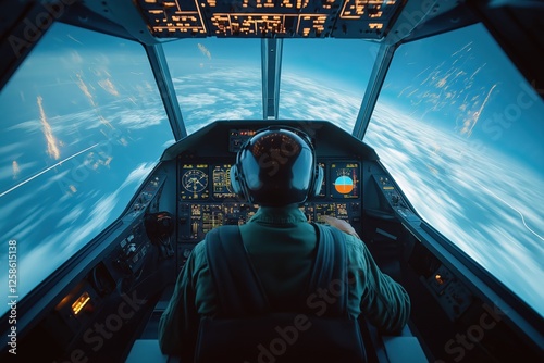 Confident pilot in modern cockpit, guiding aircraft through endless blue sky and clouds photo