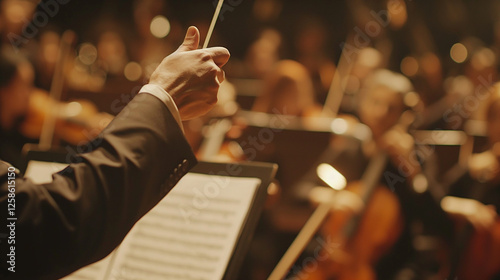 Conductor leading orchestra, focus on hand with baton.