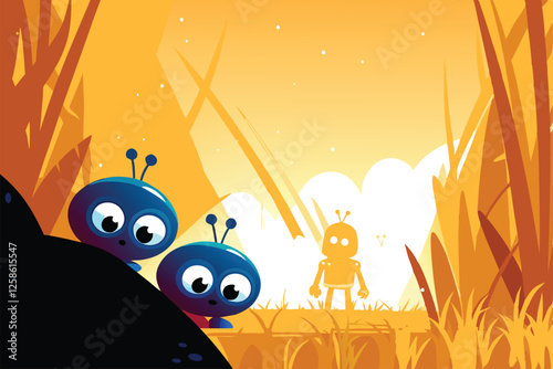 Three adorable, cartoonish aliens peek from behind a rock, playfully avoiding a large, friendly robot in a whimsical, colorful landscape.
