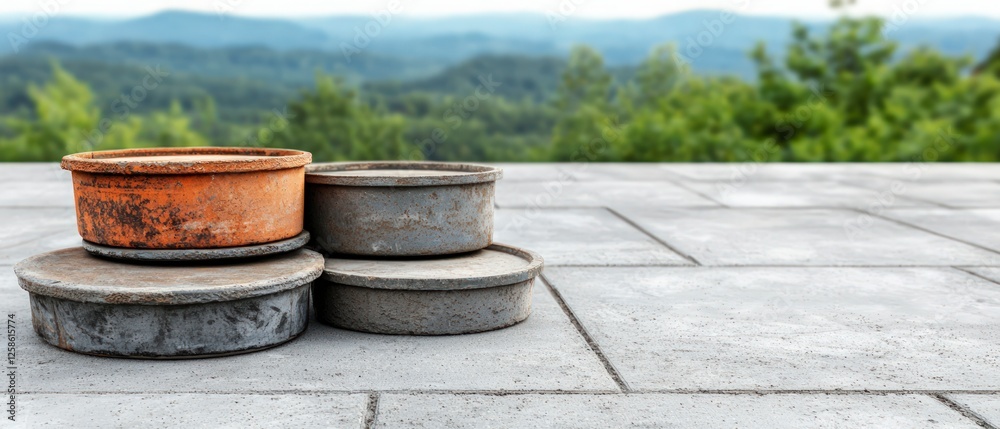 Rusty Metal Containers Stacked on Stone Surface with Green Hill Background Rusty Metal Containers Stacked on Stone Surface with Green Hill Background