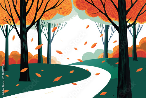 Create a vibrant vector illustration of an autumn landscape featuring a majestic tree with falling leaves, showcasing rich autumnal colors.