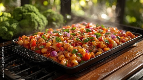 Outdoor Grilled Pasta Tray with Vegetables photo