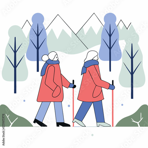 Active longevity active seniors Senior couple hiking in winter mountains