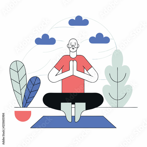 Active longevity active seniors Senior man practicing meditation outdoors in a modern illustration