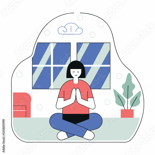 Active longevity active seniors Woman practicing meditation at home in a modern illustration