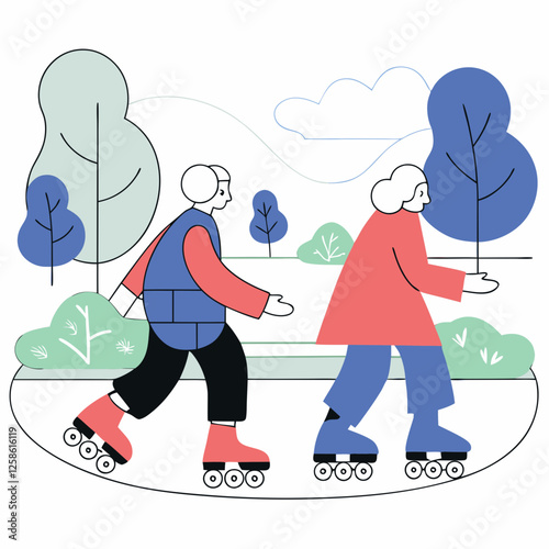 Active longevity active seniors Active senior couple rollerblading together in the park