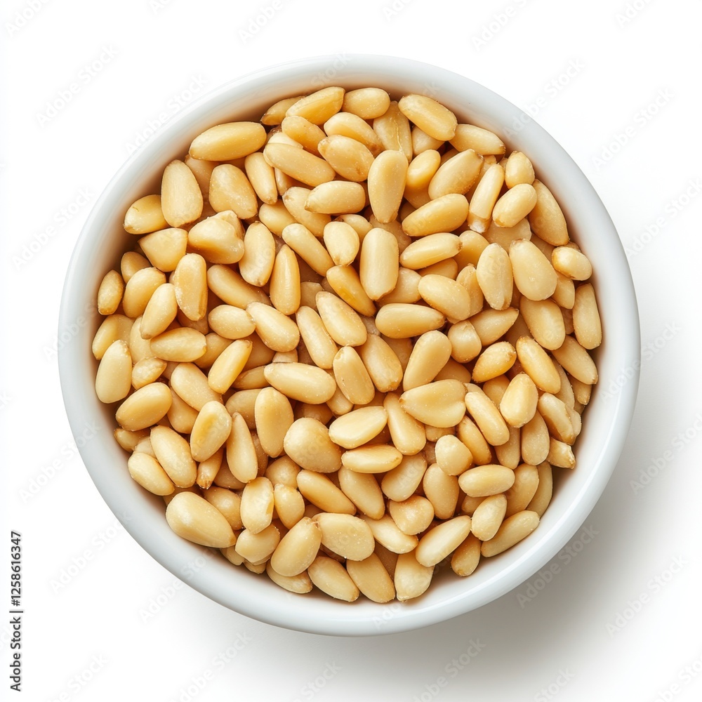 Pine nuts bowl, overhead, white background, food photography, recipe Pine nuts bowl, overhead, white background, food photography, recipe