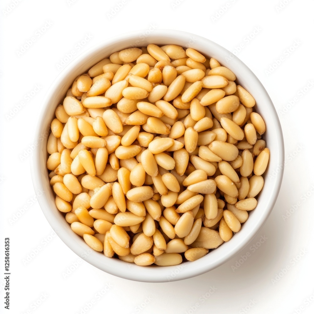 Bowl of pine nuts, overhead shot, white background, food photography, culinary use Bowl of pine nuts, overhead shot, white background, food photography, culinary use