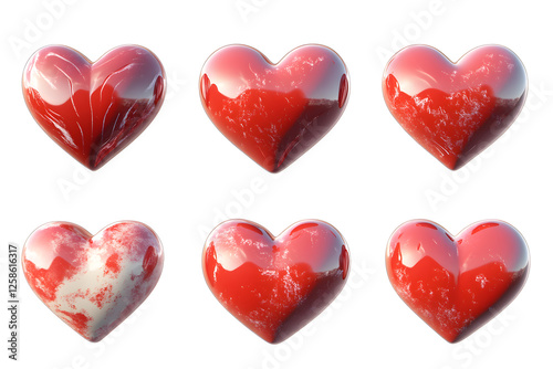 Collection of Red 3D Heart Shapes with Unique Textures - Love and Romance Icons

