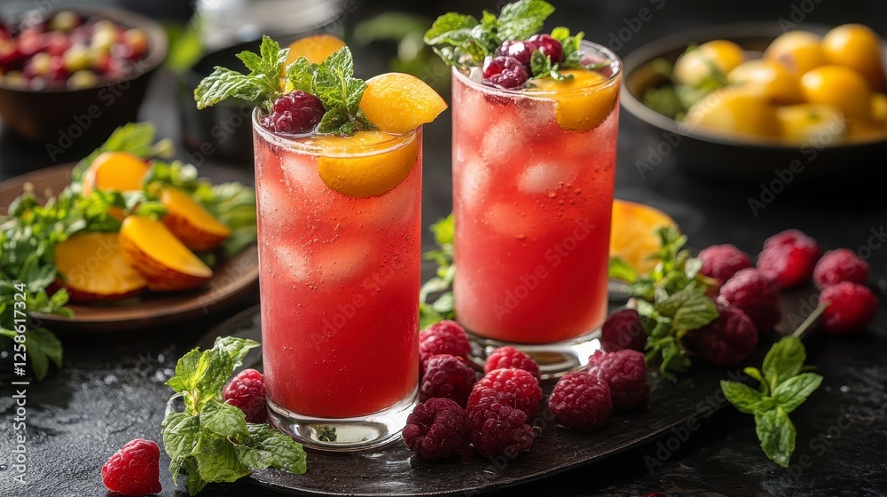 Refreshing raspberry peach cocktails, summer drink Refreshing raspberry peach cocktails, summer drink