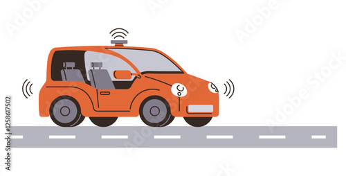 Orange driverless car equipped with sensors navigating a roadway, representing modern tech. Ideal for transportation, innovation, AI, urban mobility, future, safety technology. Flat color icon