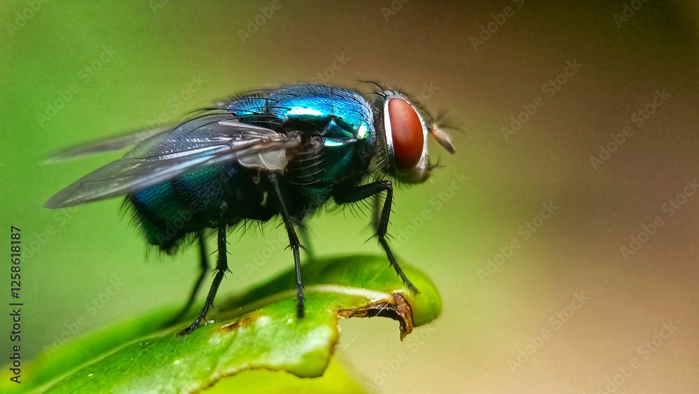 Macro on a leaf of Calliphora Vomitoria or blue fly Macro on a leaf of Calliphora Vomitoria or blue fly