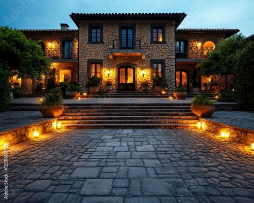 Oldworld Europeanstyle twostory home with medievalinspired decor, candlelit ambiance, and stone walls photo