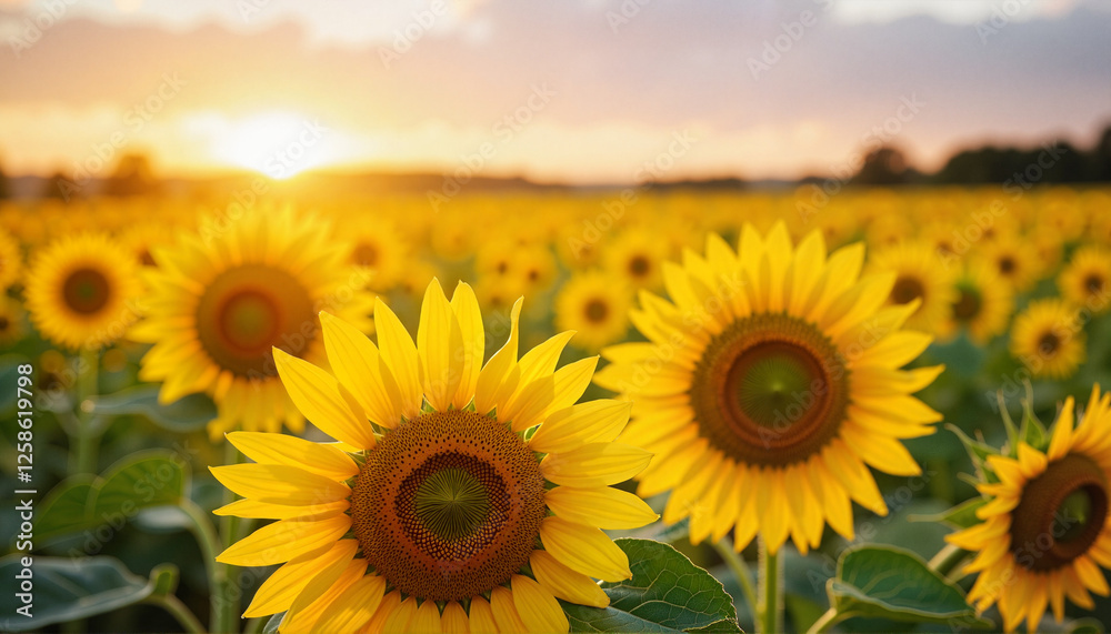 Fototapeta premium Vibrant sunflowers blooming at golden sunset, summer joy