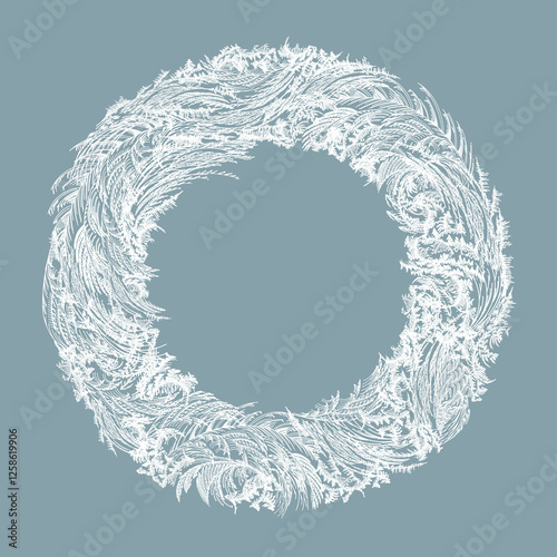 Frosted round frame with intricate ice patterns, clear lines, detailed textures. White icy wreath with frost feathers on blue background. Winter cold abstract circle, delicate frozen elements