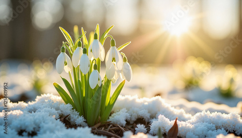 Delicate snowdrop flowers blooming in frost, symbol of spring renewal