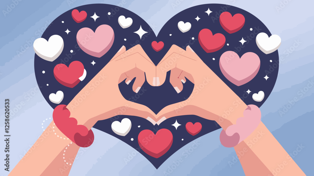 Fototapeta premium A flat vector artwork of two hands forming a heart shape, surrounded by floating hearts and subtle sparkles.