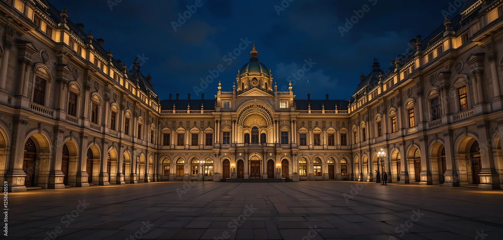 A majestic illuminated city palace, with its grand arches and detailed carvings glowing warmly under the evening lights. The quiet courtyard and softly lit pathways add to the serene. A majestic illuminated city palace, with its grand arches and detailed carvings glowing warmly under the evening lights. The quiet courtyard and softly lit pathways add to the serene.
