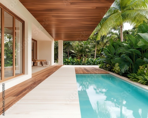 Tropicalstyle twostory villa with openconcept living space, wooden ceilings, and lush greenery photo