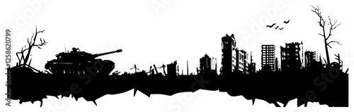post-apocalyptic tank in destroyed city black vector illustration