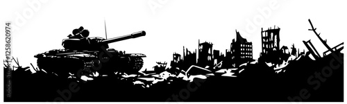 tank in post-apocalyptic city ruins black vector illustration
