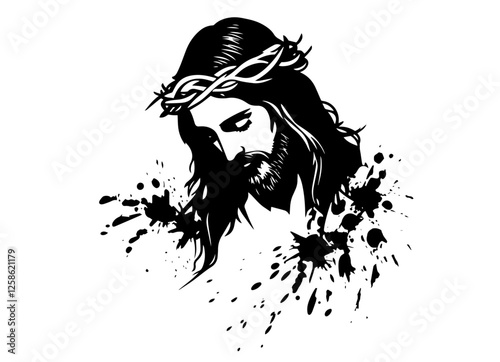 Jesus Christ with crown of thorns black vector illustration