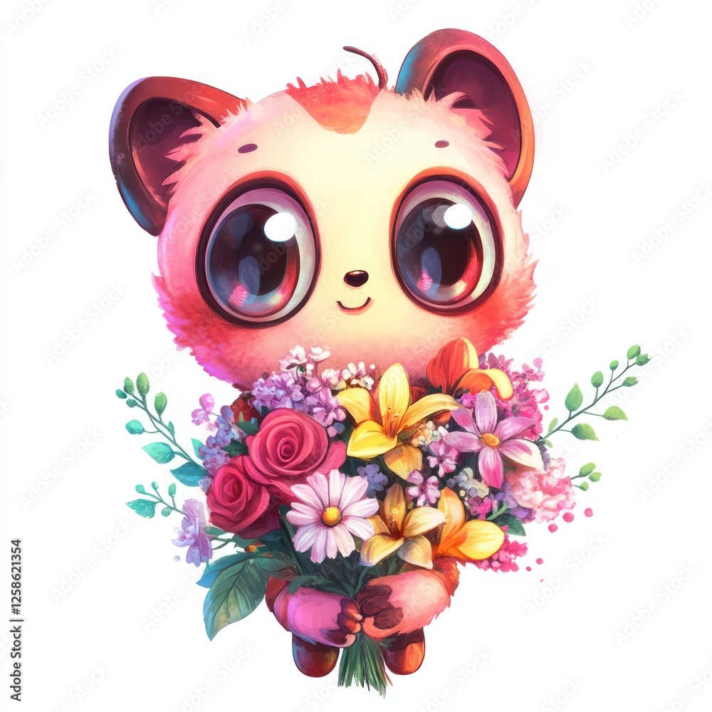 Naklejka premium Cute panda holding bouquet of flowers