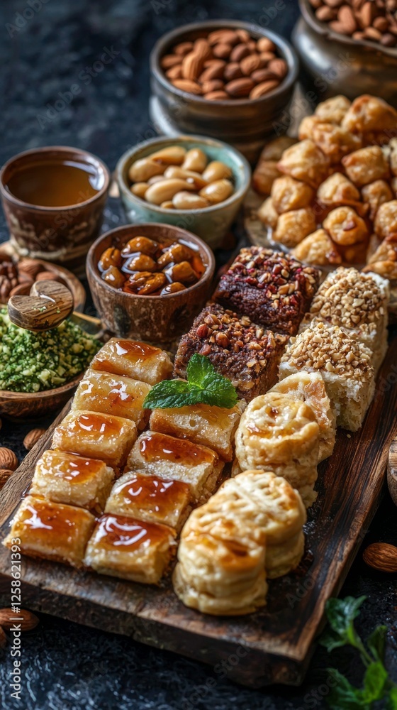A lavish assortment of Arabic desserts showcases a mouth-watering variety, including baklava and maamoul, beautifully arranged with nuts and syrup, perfect for celebrations or gatherings A lavish assortment of Arabic desserts showcases a mouth-watering variety, including baklava and maamoul, beautifully arranged with nuts and syrup, perfect for celebrations or gatherings
