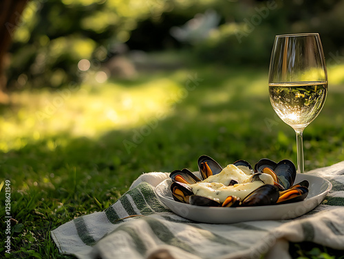 Wallpaper Mural Picnic scene in the garden with a plate of baked mussels with cheese, paired with white wine Torontodigital.ca