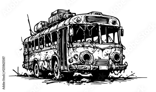 abandoned post-apocalyptic bus with luggage black vector illustration