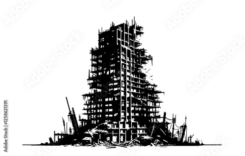 collapsed skyscraper ruins black vector illustration