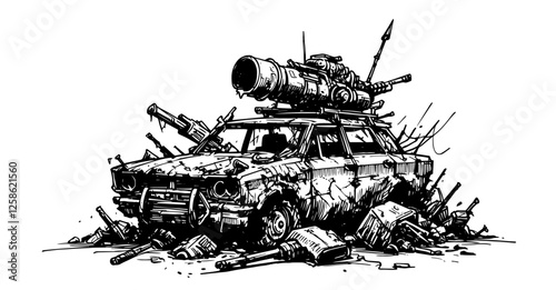 post-apocalyptic battle car with weapons black vector illustration