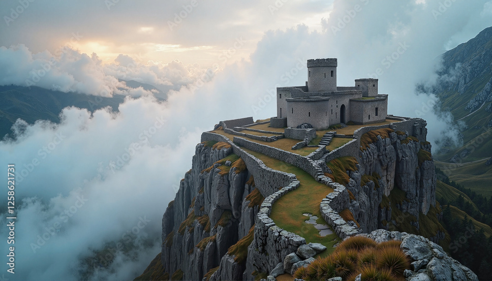 Fototapeta premium Majestic ancient monastery atop mountain peak, serene heritage