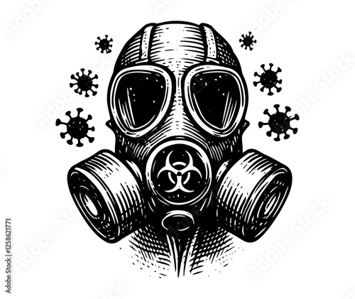 gas mask with biohazard symbol black vector engraving illustration
