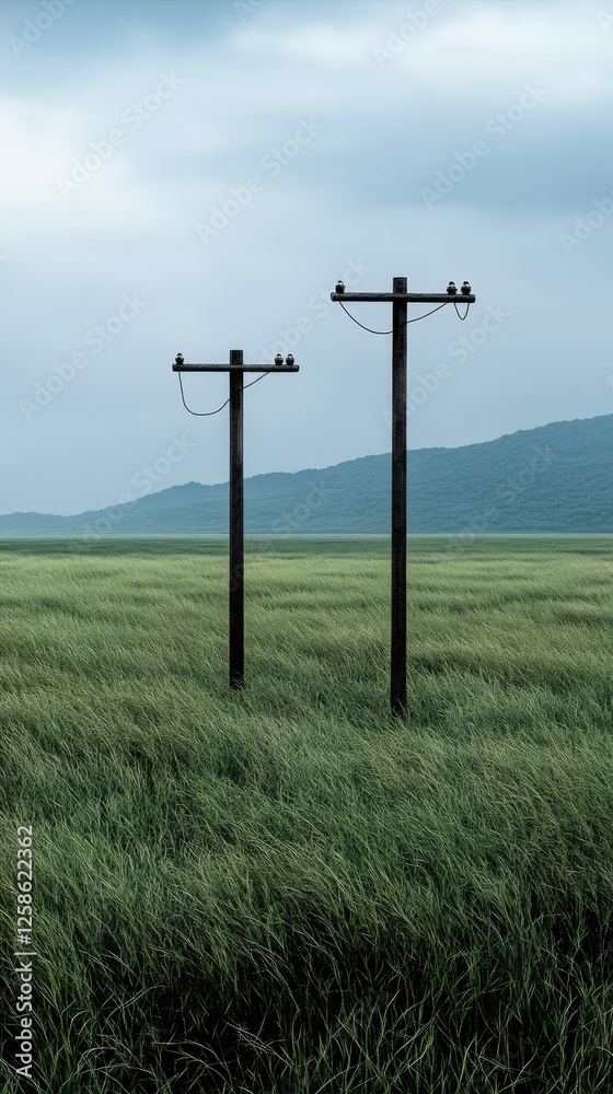 A solitary green plant stands next to a tall black post in a vast green meadow under a clear blue sky with scattered clouds A solitary green plant stands next to a tall black post in a vast green meadow under a clear blue sky with scattered clouds