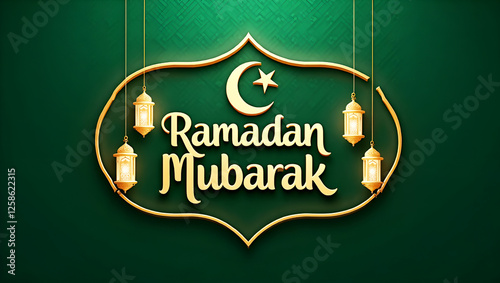 Ramadan Mubarak greeting card with lanterns and crescent on green background