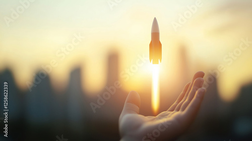 Rocket rising from outstretched hand, glowing with technological energy against urban sunset backdrop, representing innovative startup momentum and forward-thinking vision