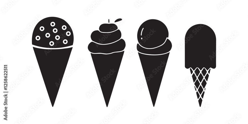 Ice cream black silhouette icons set on white. Balls in waffle cone, soft serve sundae in glass, popsicle on stick. Vector and png elements for minimal summer design, sweet snack illustration or logo. Ice cream black silhouette icons set on white. Balls in waffle cone, soft serve sundae in glass, popsicle on stick. Vector and png elements for minimal summer design, sweet snack illustration or logo.