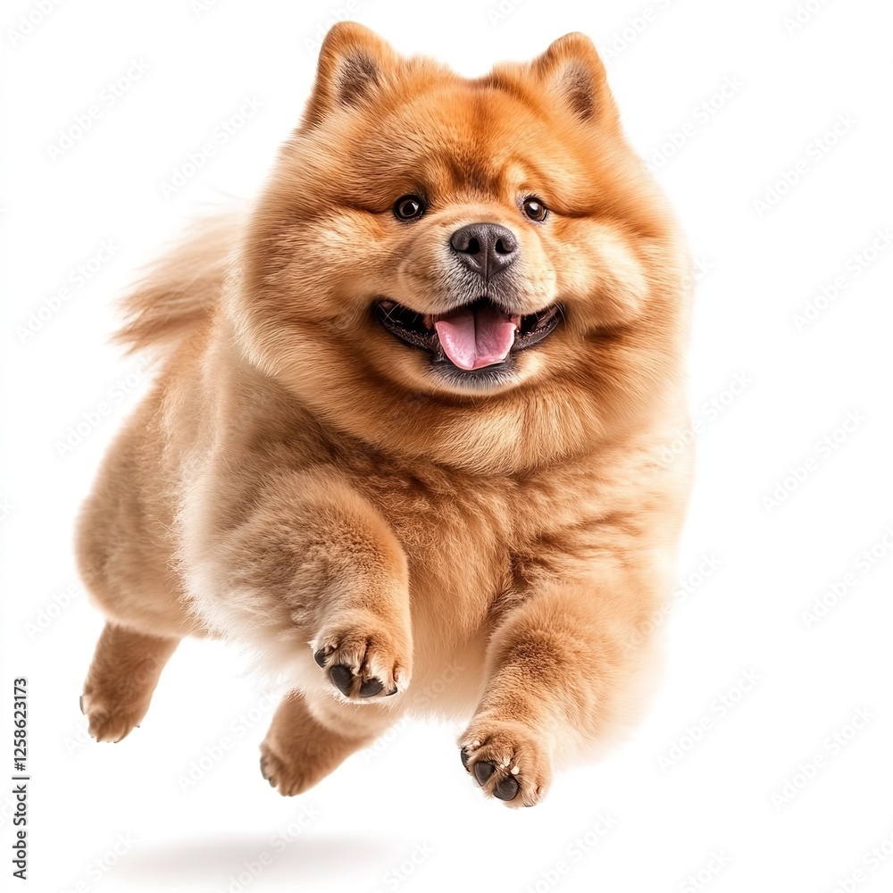 Obraz premium Happy Fluffy Chow Chow Dog Jumping Adorable Pet Canine Animal Photography Studio Shot White Background Playful Puppy Furry Friend Cute Dog Breed Red 