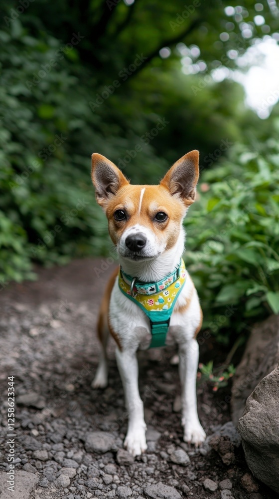 Small Brown and White Dog in Teal Harness Sitting on Forest Trail Small Brown and White Dog in Teal Harness Sitting on Forest Trail