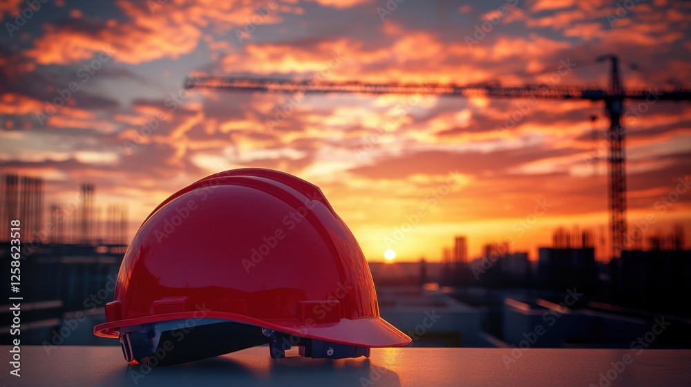 A red engineer hard hat rests against a vibrant sunset, with construction cranes silhouetted in the background, symbolizing safety and progress in construction. A red engineer hard hat rests against a vibrant sunset, with construction cranes silhouetted in the background, symbolizing safety and progress in construction.