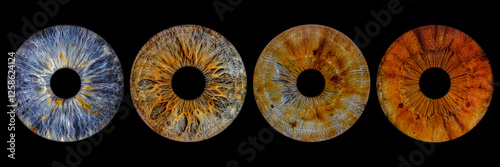 Close up of eye iris on black background, macro, photography	 photo