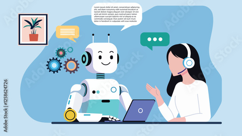 
Illustration of an AI chatbot assisting a customer service representative. Features a futuristic robot, headset, and digital communication. Ideal for AI, customer support, and automation concepts