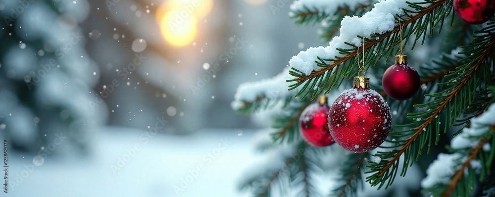 Pine branches with red Christmas ornaments in the snow, holiday decoration, winter forest scene, Pine branches with red Christmas ornaments in the snow, holiday decoration, winter forest scene,