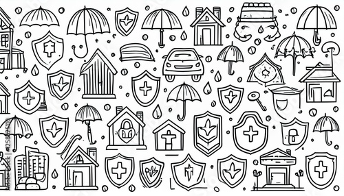 Insurance doodle icon set. Hand drawn sketch life shield, insurance umbrella, medical safety icon set. Health safety, car accident, house protect perfect any project.