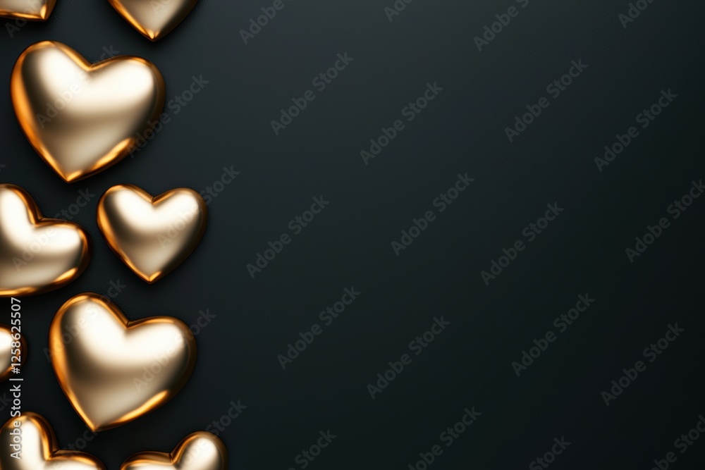 Fototapeta premium Shimmering golden hearts cascade against a dark background, creating a romantic and elegant visual perfect for celebrations or heartfelt messages.
