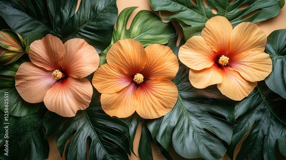 custom made wallpaper toronto digitalPeach hibiscus flowers on tropical leaves, flat lay