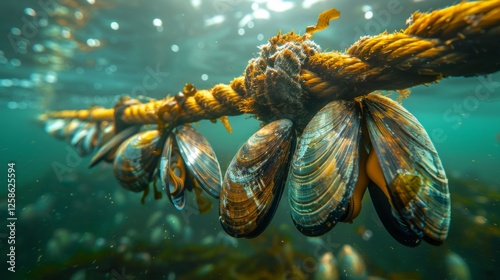 Mussels are attached to a rope submerged under clear blue water, showcasing their vibrant colors and textures in a marine environment.