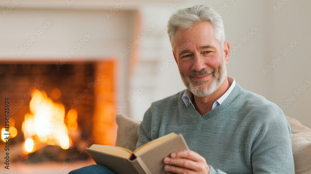 Smiling Mature Man Relaxing by the Fireplace While Reading a Book Smiling Mature Man Relaxing by the Fireplace While Reading a Book
