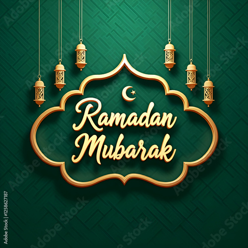 Ramadan Mubarak greeting card with lanterns and crescent on green background